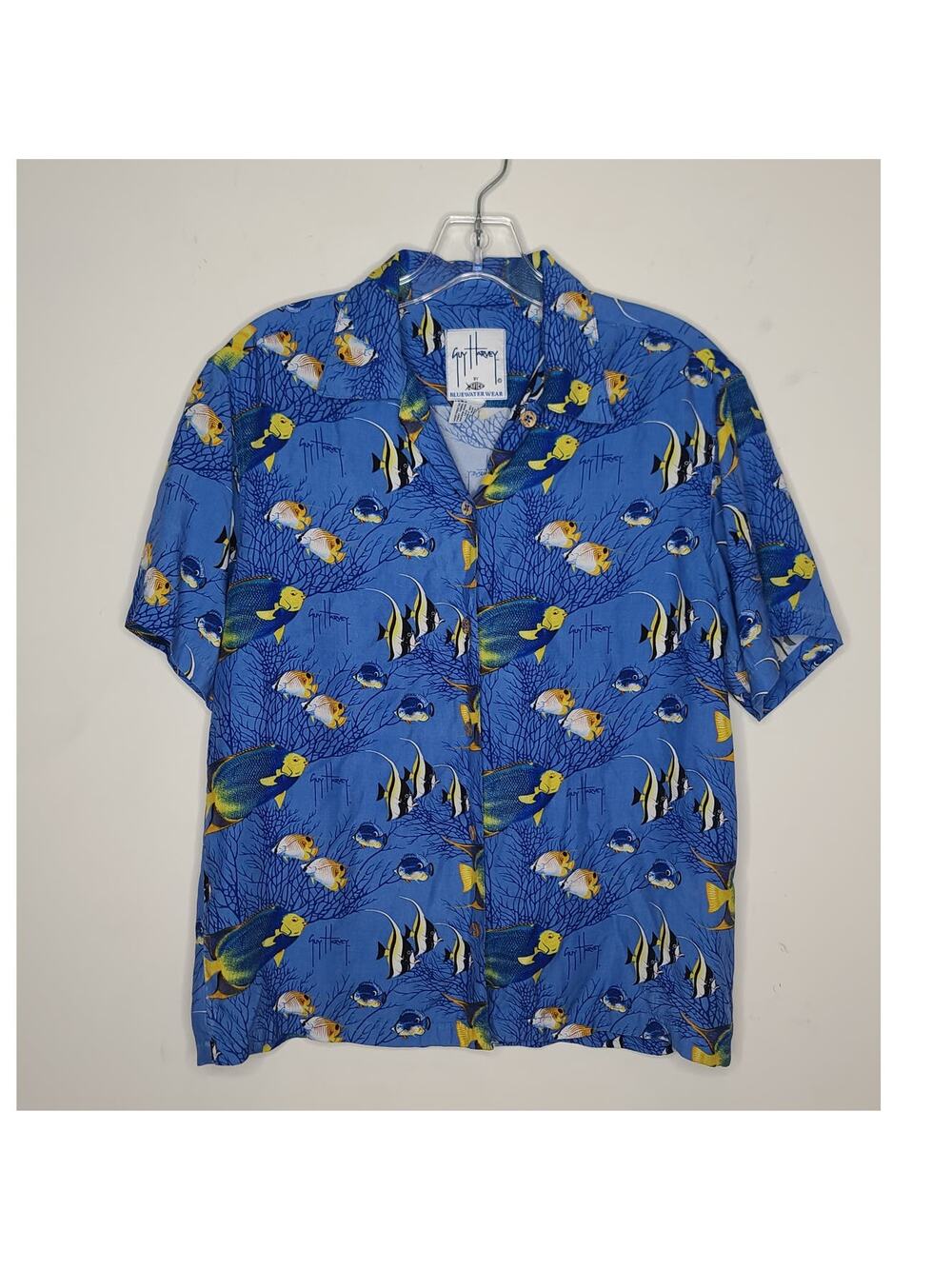 Guy Harvey blue yellow tropical fish short sleeve button down shirt - XS